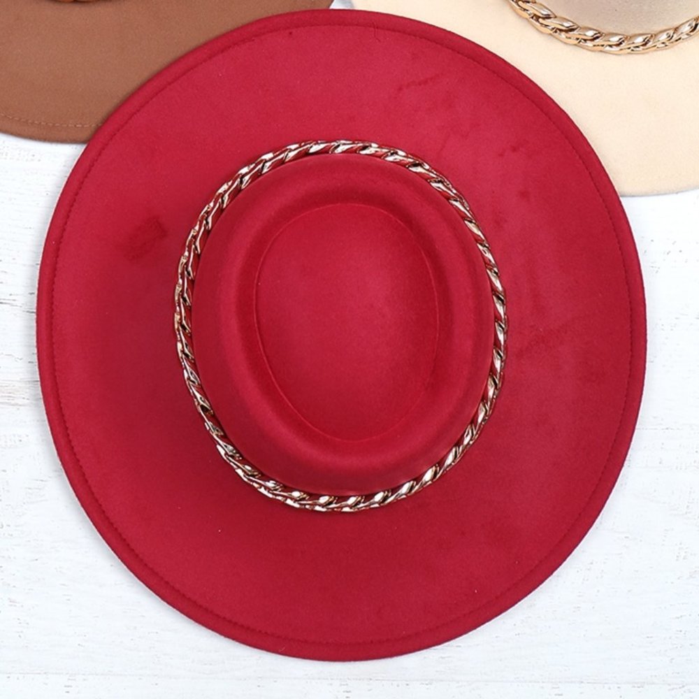 Red Wide Brim Bolero Felt Fedora Panama Hat with a Fashionable Gold Chain Accent - Picture 2 of 12